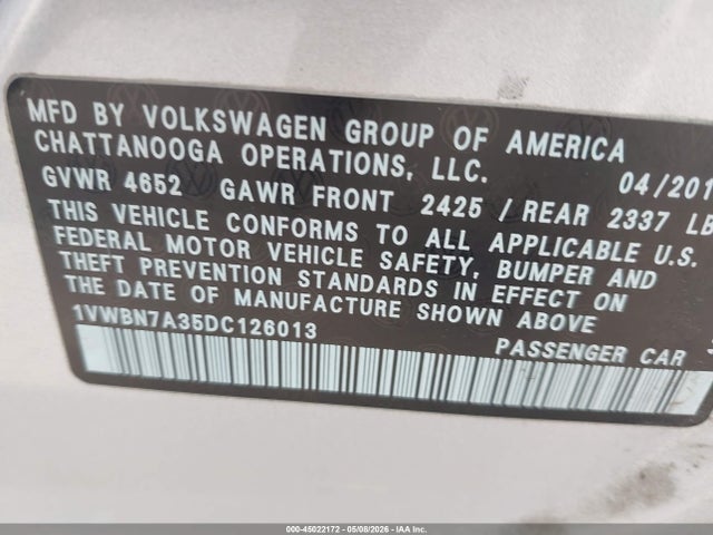 45022172 :رقم المزاد ، 1VWBN7A35DC126013 vin ، 2013 Volkswagen Passat 2.0l Tdi Se مزاد بيع