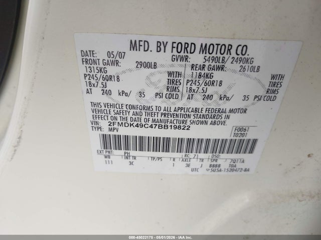 Продаж на аукціоні авто 2007 Ford Edge Sel Plus, vin: 2FMDK49C47BB19822, номер лоту: 45022175