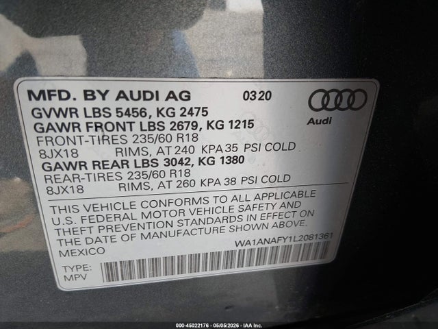 45022176 :رقم المزاد ، WA1ANAFY1L2081361 vin ، 2020 Audi Q5 Premium 45 Tfsi Quattro S Tronic مزاد بيع