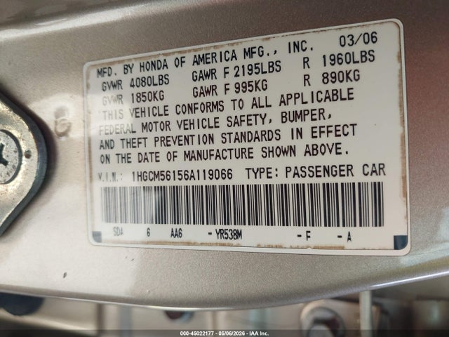 45022177 :رقم المزاد ، 1HGCM56156A119066 vin ، 2006 Honda Accord 2.4 Vp مزاد بيع