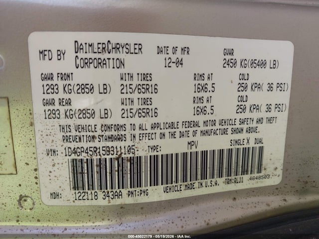 2005 Dodge Caravan Sxt მანქანა იყიდება აუქციონზე, vin: 1D4GP45R15B311105, აუქციონის ნომერი: 45022179