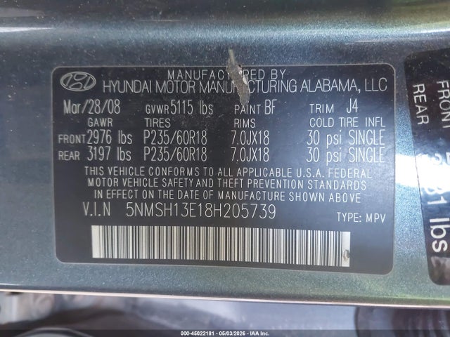 Aukcja sprzedaży 2008 Hyundai Santa Fe Limited/se, vin: 5NMSH13E18H205739, numer aukcji: 45022181