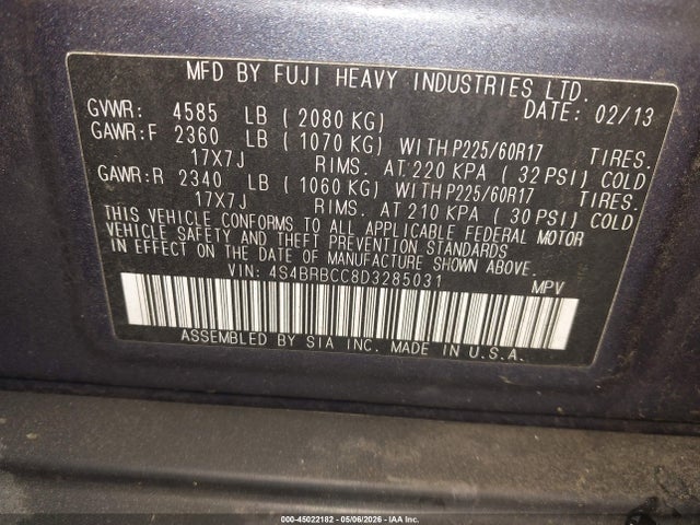 Aukcja sprzedaży 2013 Subaru Outback 2.5i Premium, vin: 4S4BRBCC8D3285031, numer aukcji: 45022182