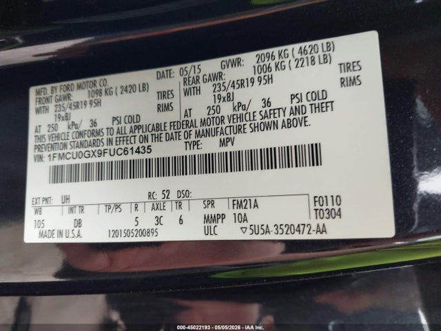 45022193 :رقم المزاد ، 1FMCU0GX9FUC61435 vin ، 2015 Ford Escape Se مزاد بيع