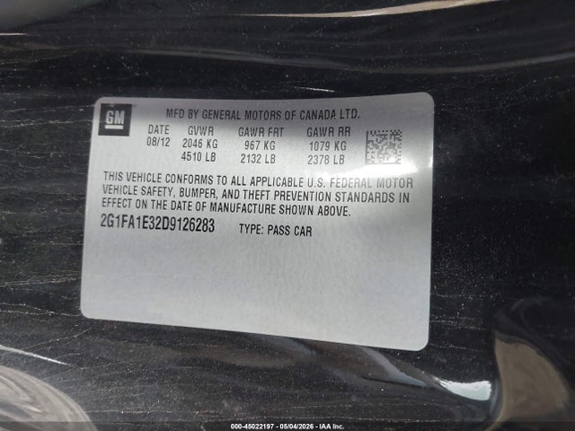 45022197 :رقم المزاد ، 2G1FA1E32D9126283 vin ، 2013 Chevrolet Camaro 2ls مزاد بيع