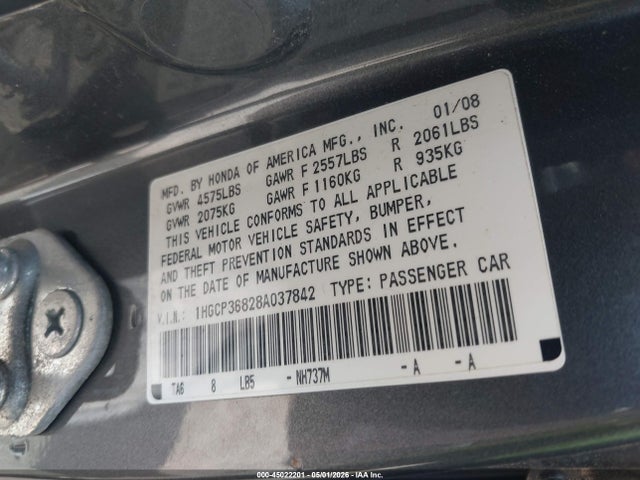 Aukcja sprzedaży 2008 Honda Accord 3.5 Ex-l, vin: 1HGCP36828A037842, numer aukcji: 45022201