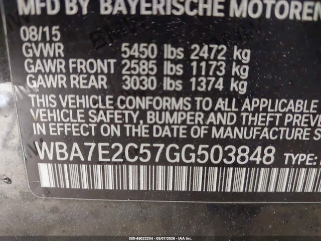 Продаж на аукціоні авто 2016 Bmw 740i, vin: WBA7E2C57GG503848, номер лоту: 45022204