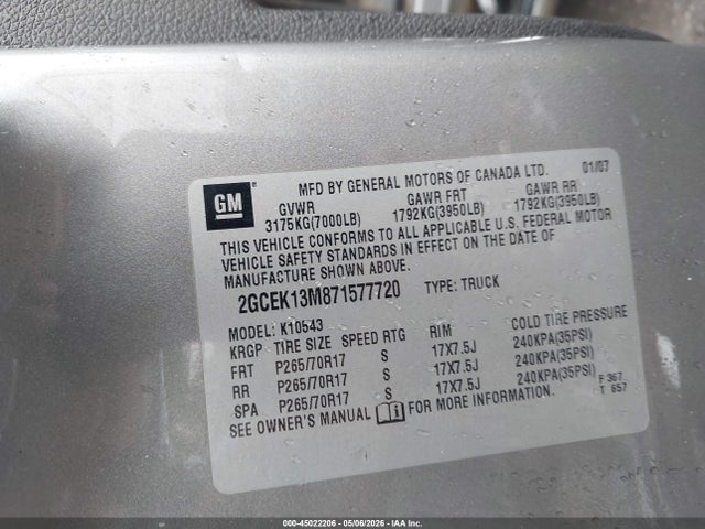 Продажа на аукционе авто 2007 Chevrolet Silverado 1500 Lt1, vin: 2GCEK13M871577720, номер лота: 45022206
