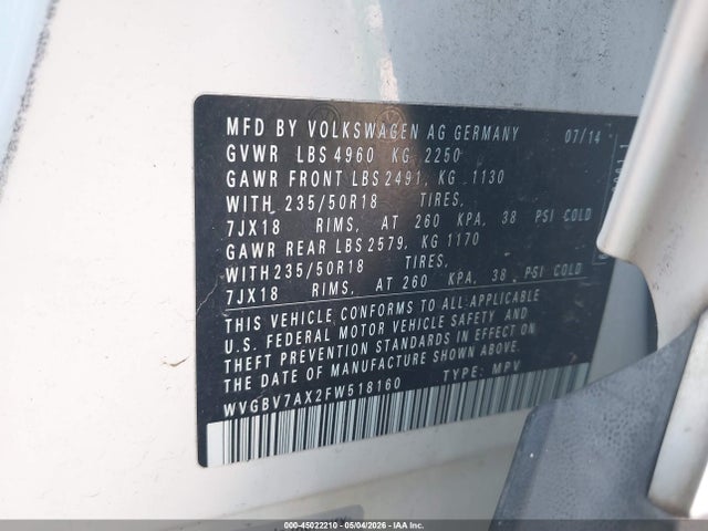 Продажа на аукционе авто 2015 Volkswagen Tiguan Sel, vin: WVGBV7AX2FW518160, номер лота: 45022210