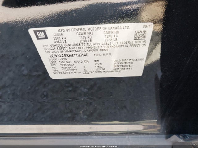 Aukcja sprzedaży 2016 Chevrolet Equinox Lt, vin: 2GNALCEK9G1108145, numer aukcji: 45022211