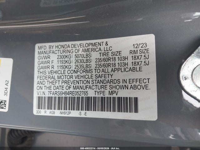 Продажа на аукционе авто 2024 Honda Cr-v Hybrid Sport-l, vin: 7FARS6H84RE052765, номер лота: 45022214