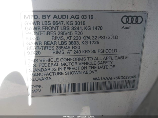 Продажа на аукционе авто 2019 Audi Q7 55 Premium/55 Se Premium, vin: WA1AAAF76KD039046, номер лота: 45022217