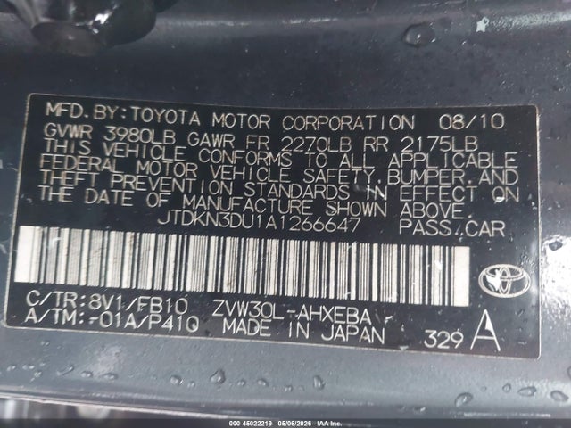 2010 Toyota Prius Ii მანქანა იყიდება აუქციონზე, vin: JTDKN3DU1A1266647, აუქციონის ნომერი: 45022219