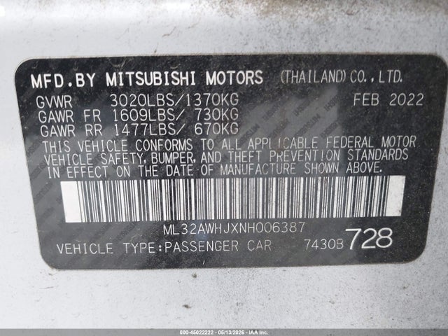 Продаж на аукціоні авто 2022 Mitsubishi Mirage Black Edition/se, vin: ML32AWHJXNH006387, номер лоту: 45022222