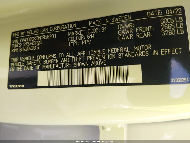 Auction sale of the 2022 Volvo Xc90 T5 Momentum 7 Passenger, vin: YV4102CK8N1858201, lot number: 45022223