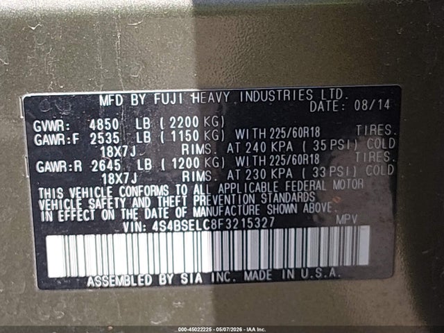 Aukcja sprzedaży 2015 Subaru Outback 3.6r Limited, vin: 4S4BSELC8F3215327, numer aukcji: 45022225