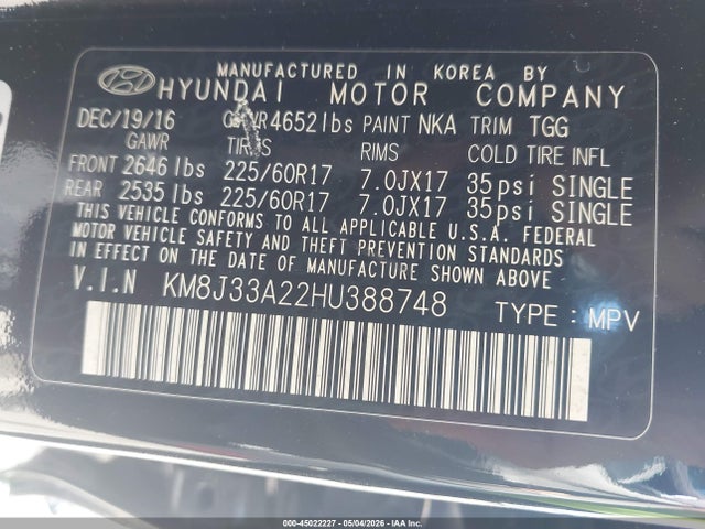 Aukcja sprzedaży 2017 Hyundai Tucson Eco, vin: KM8J33A22HU388748, numer aukcji: 45022227