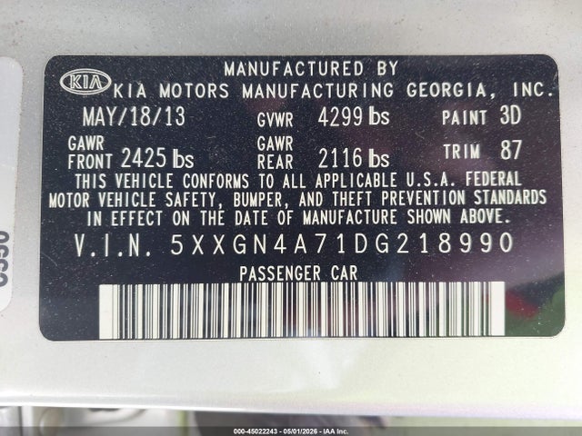 45022243 :رقم المزاد ، 5XXGN4A71DG218990 vin ، 2013 Kia Optima Ex مزاد بيع