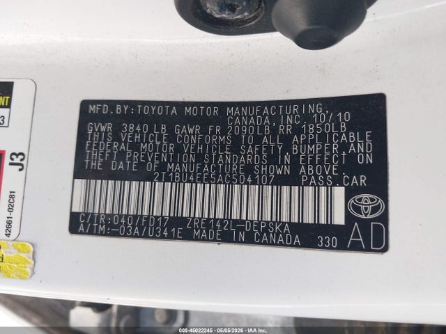 Продажа на аукционе авто 2010 Toyota Corolla S, vin: 2T1BU4EE5AC504107, номер лота: 45022245
