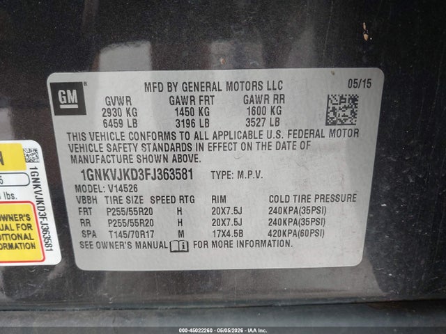 45022260 :رقم المزاد ، 1GNKVJKD3FJ363581 vin ، 2015 Chevrolet Traverse Ltz مزاد بيع