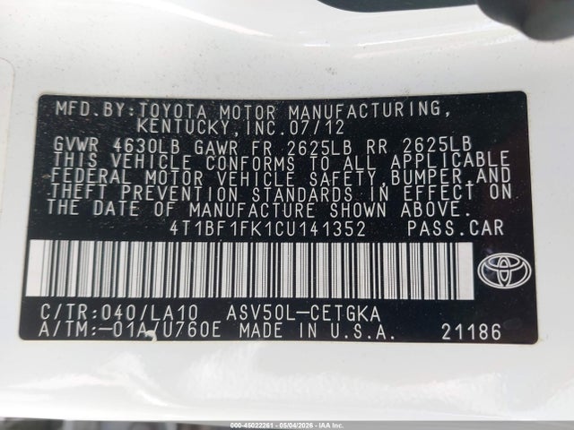 45022261 :رقم المزاد ، 4T1BF1FK1CU141352 vin ، 2012 Toyota Camry Xle مزاد بيع