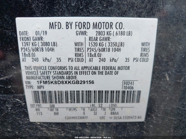 2019 Ford Explorer Xlt მანქანა იყიდება აუქციონზე, vin: 1FM5K8D8XKGB29156, აუქციონის ნომერი: 45022264