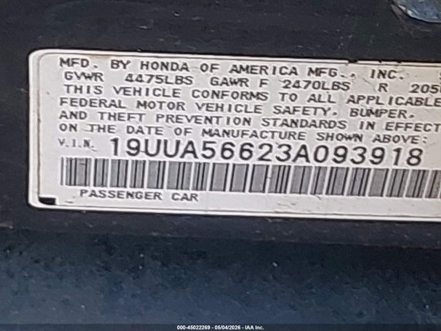 45022269 :رقم المزاد ، 19UUA56623A093918 vin ، 2003 Acura Tl 3.2 مزاد بيع