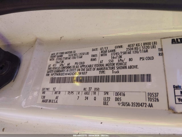 Aukcja sprzedaży 2013 Ford E-250 Commercial, vin: 1FTNS2EW4DDB29107, numer aukcji: 45022270
