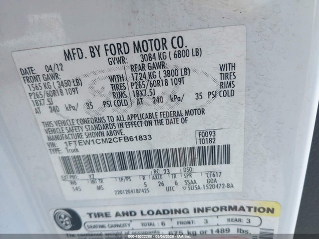 Aukcja sprzedaży 2012 Ford F-150 Xlt, vin: 1FTEW1CM2CFB61833, numer aukcji: 45022280