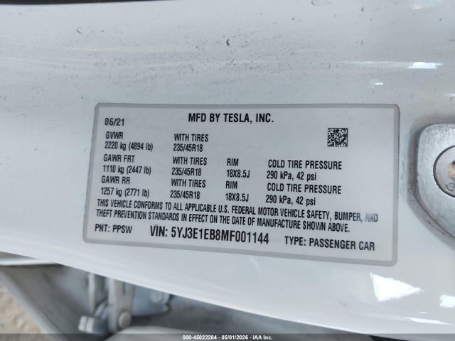 Aukcja sprzedaży 2021 Tesla Model 3 Long Range Dual Motor All-wheel Drive, vin: 5YJ3E1EB8MF001144, numer aukcji: 45022284