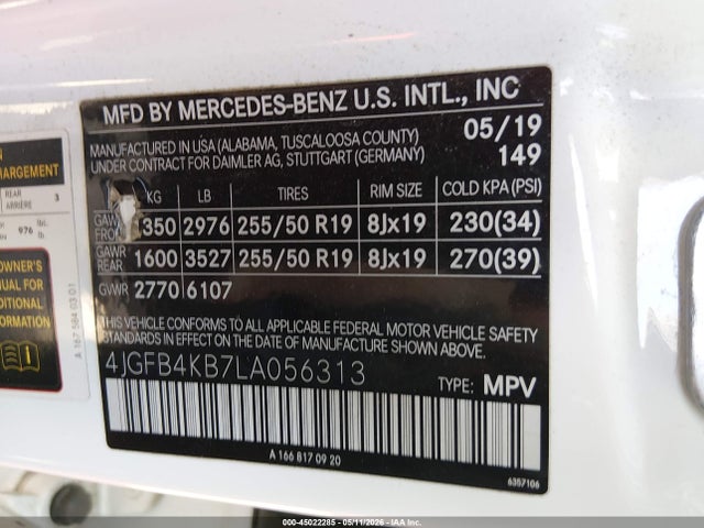 45022285 :رقم المزاد ، 4JGFB4KB7LA056313 vin ، 2020 Mercedes-benz Gle 350 4matic مزاد بيع