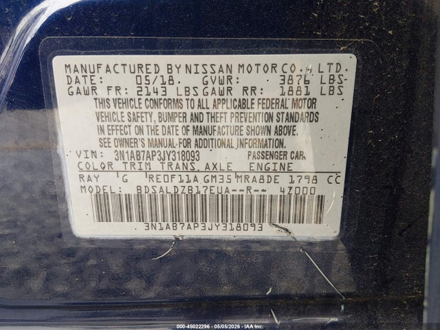 45022296 :رقم المزاد ، 3N1AB7AP3JY318093 vin ، 2018 Nissan Sentra Sv مزاد بيع
