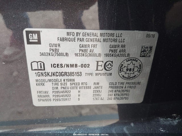 Aukcja sprzedaży 2016 Chevrolet Suburban Ltz, vin: 1GNSKJKC0GR385153, numer aukcji: 45022310