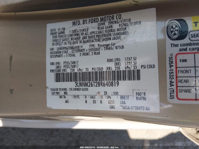 Продажа на аукционе авто 2008 Lincoln Mkz, vin: 3LNHM26T28R640819, номер лота: 45022315
