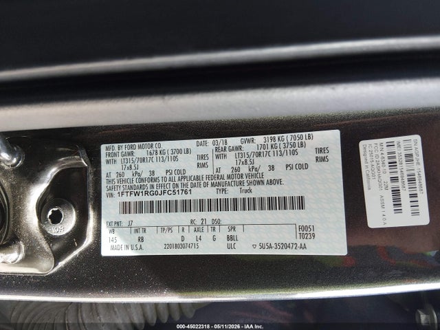 45022318 :رقم المزاد ، 1FTFW1RG0JFC51761 vin ، 2018 Ford F-150 Raptor مزاد بيع