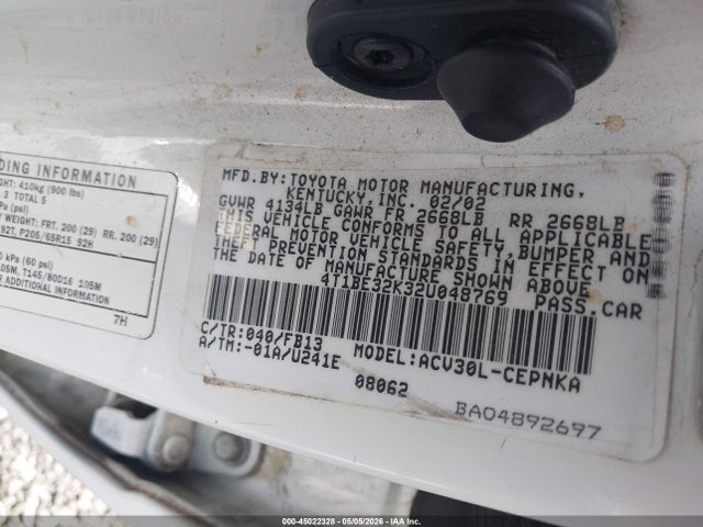 Продаж на аукціоні авто 2002 Toyota Camry Le, vin: 4T1BE32K32U048769, номер лоту: 45022328