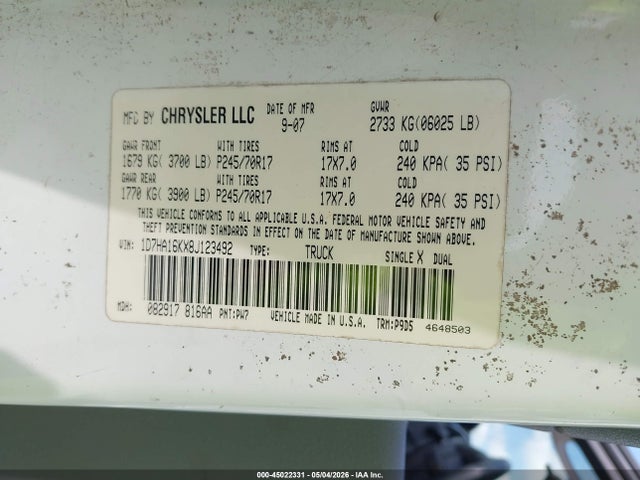 45022331 :رقم المزاد ، 1D7HA16KX8J123492 vin ، 2008 Dodge Ram 1500 St/sxt مزاد بيع