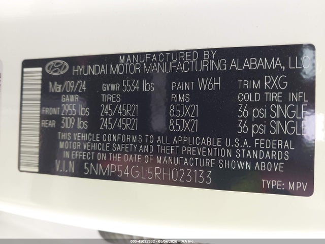 2024 Hyundai Santa Fe Calligraphy მანქანა იყიდება აუქციონზე, vin: 5NMP54GL5RH023133, აუქციონის ნომერი: 45022332