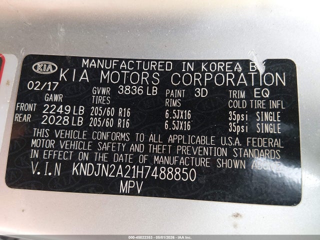 45022353 :رقم المزاد ، KNDJN2A21H7488850 vin ، 2017 Kia Soul مزاد بيع