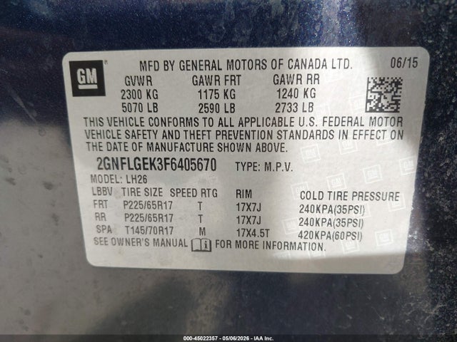 Aukcja sprzedaży 2015 Chevrolet Equinox 2lt, vin: 2GNFLGEK3F6405670, numer aukcji: 45022357