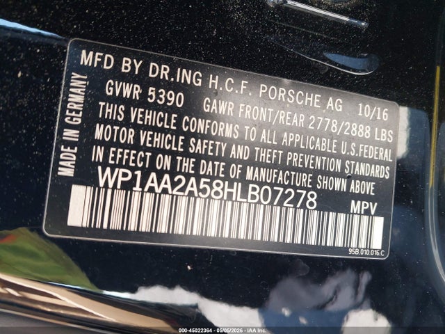 2017 Porsche Macan მანქანა იყიდება აუქციონზე, vin: WP1AA2A58HLB07278, აუქციონის ნომერი: 45022364