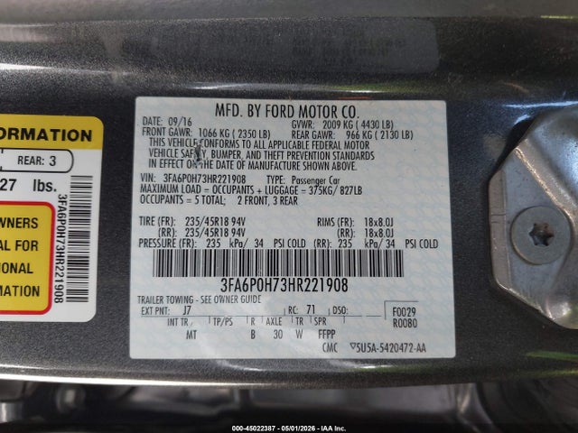Ford FUSION SE 2017 3FA6P0H73HR221908 Image 9