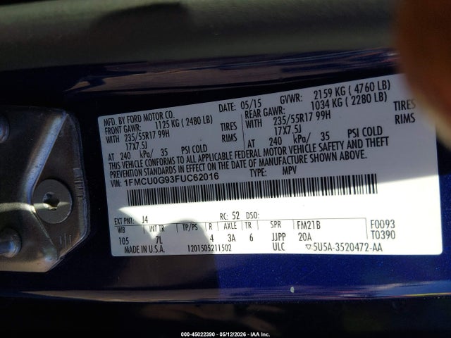 Продажа на аукционе авто 2015 Ford Escape Se, vin: 1FMCU0G93FUC62016, номер лота: 45022390