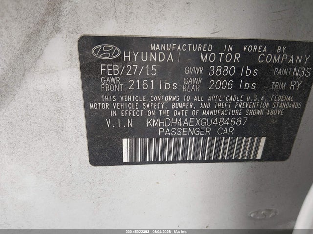 Auction sale of the 2016 Hyundai Elantra Value Edition, vin: KMHDH4AEXGU484687, lot number: 45022393