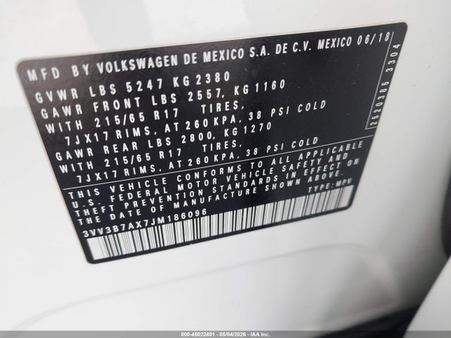 Продаж на аукціоні авто 2018 Volkswagen Tiguan 2.0t Se/2.0t Sel, vin: 3VV3B7AX7JM186096, номер лоту: 45022401