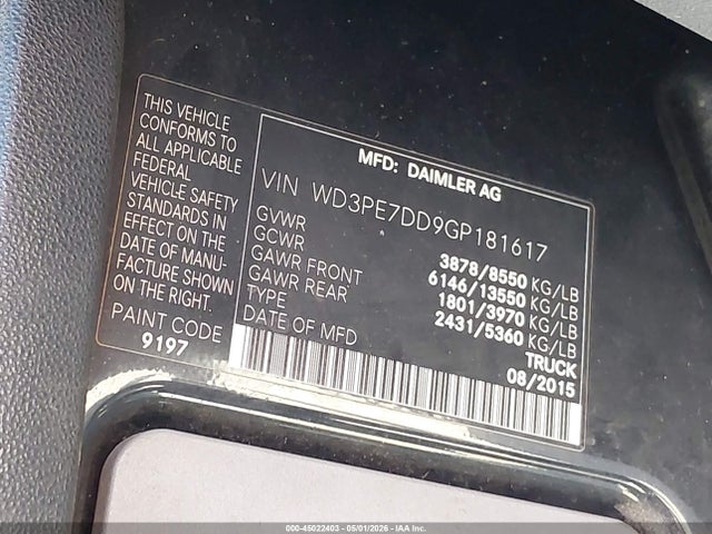 Aukcja sprzedaży 2016 Mercedes-benz Sprinter 2500 Normal Roof, vin: WD3PE7DD9GP181617, numer aukcji: 45022403