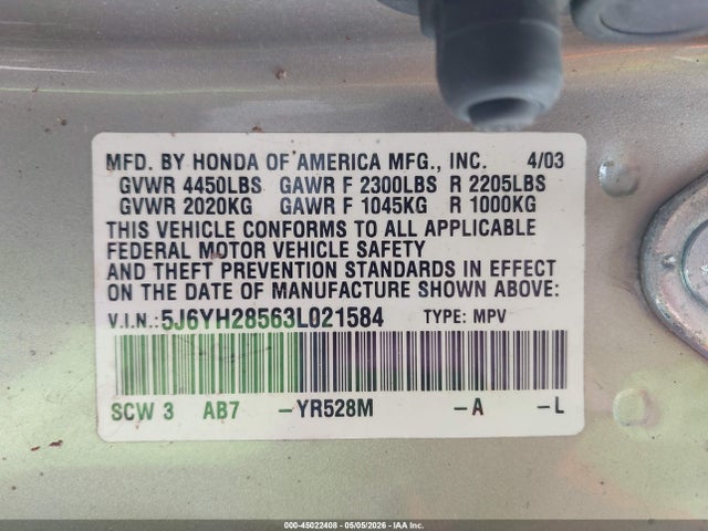 45022408 :رقم المزاد ، 5J6YH28563L021584 vin ، 2003 Honda Element Ex مزاد بيع