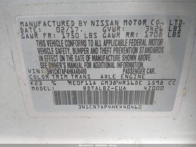 Продажа на аукционе авто 2017 Nissan Versa 1.6 Sv, vin: 3N1CN7AP4HK440460, номер лота: 45022412