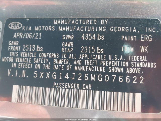 5XXG14J26MG076622 KIA K5 LXS