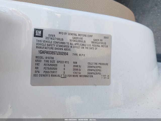 45022444 :رقم المزاد ، 1GKFK63897J392994 vin ، 2007 Gmc Yukon Denali مزاد بيع